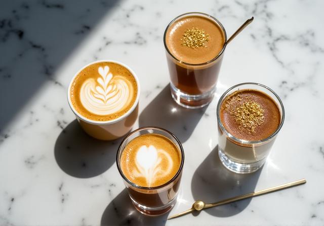 Una selezione di bevande speciali decorate con latte art