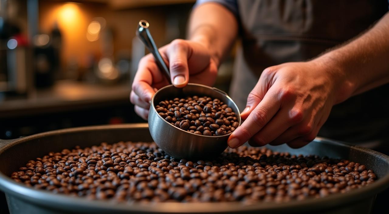 Mastro torrefattore che controlla i chicchi di caffè appena tostati