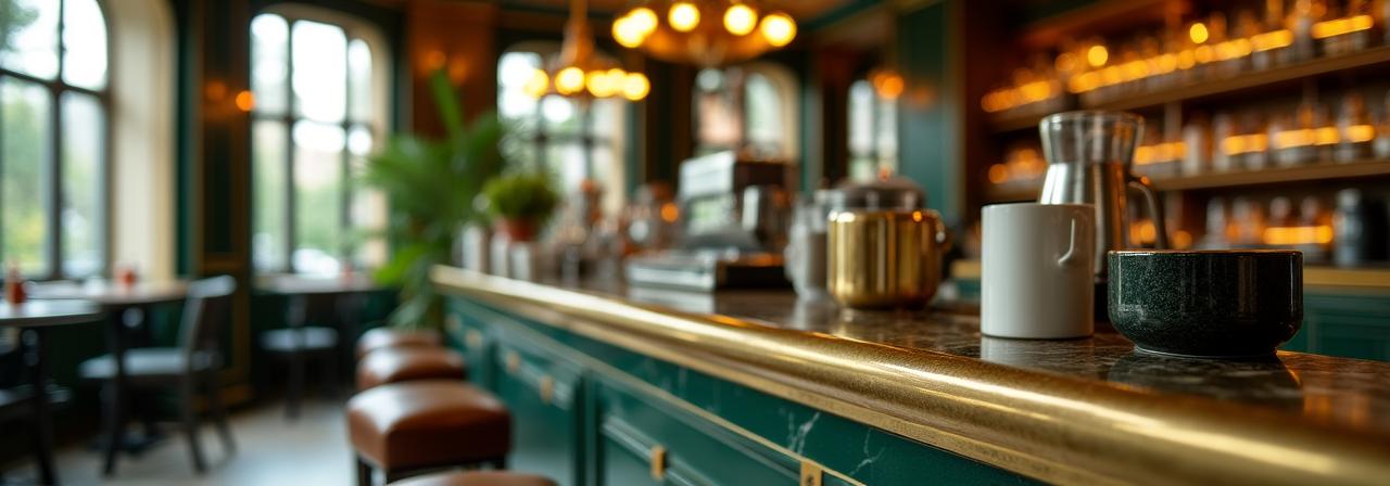 Vista artistica di caffè gourmet e dettagli dorati